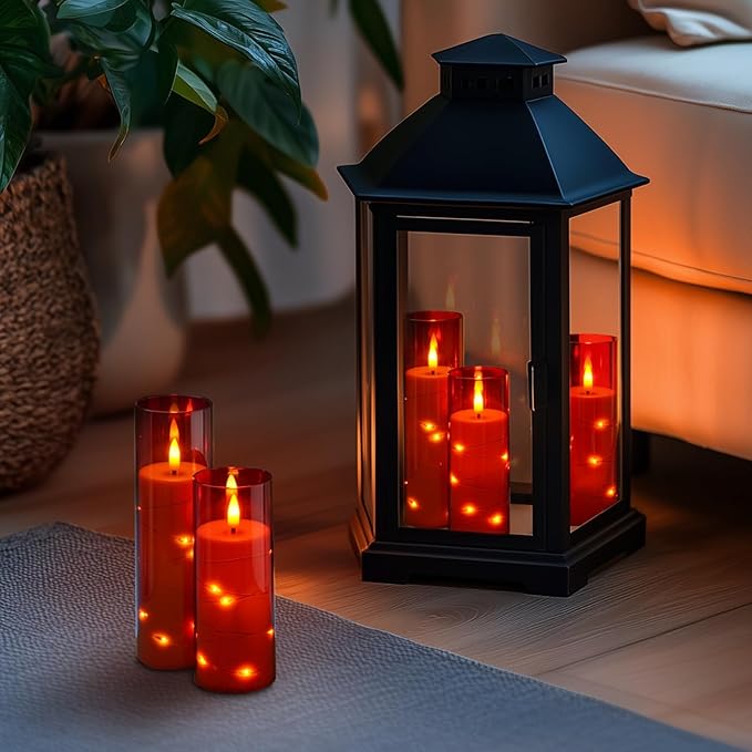 Homemory Red Flameless Candles with Embedded Star String Fairy Lights, Battery Operated Candles with Remote Control and Timer, Flickering LED Candle for Christmas Decor, Set of 9, D2.2 x H5 6" 7"