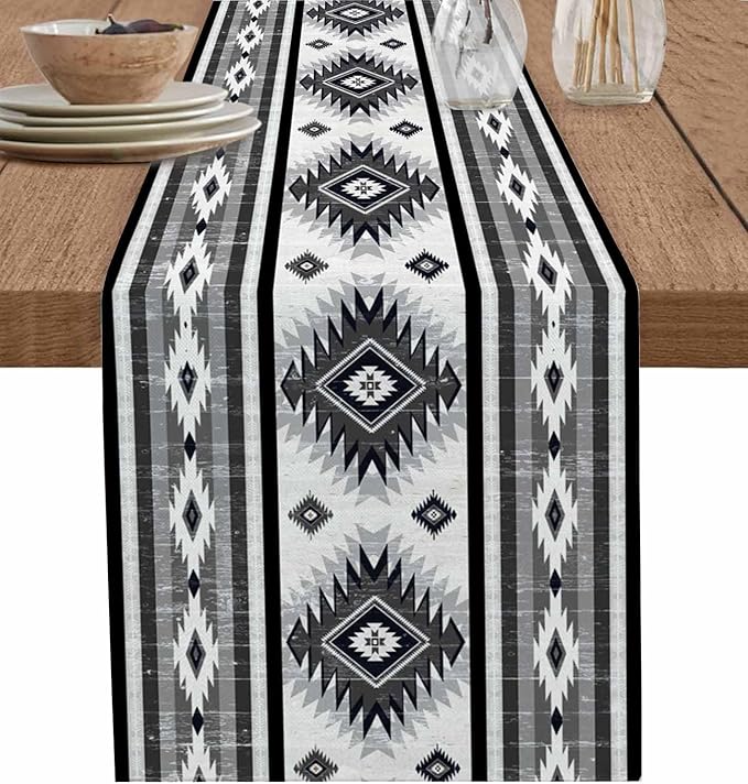 Aztec Southwest Cotton Linen Table Runner for Dining Kitchen, Wedding Outdoor Party Tablerunners Decoration, Boho Ethnic Tribes Vintage Grey Dresser Scarf Coffee Tablecloth Runners 13x60 Inches