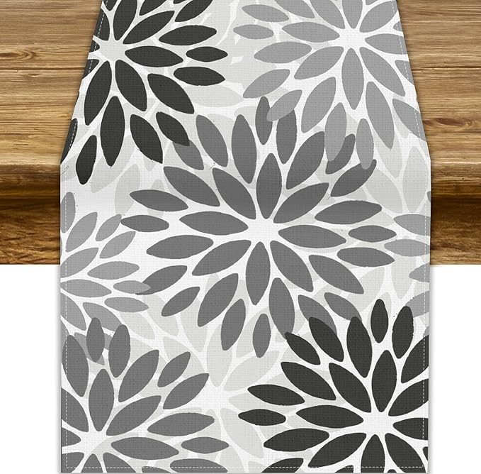 Gray Dahlia Flower Table Runner, Vintage Modern Linen Geometric Pattern Floral Table Runner Spring for Farmhouse Kitchen Dining Party Holiday Party, 13x90 Inch