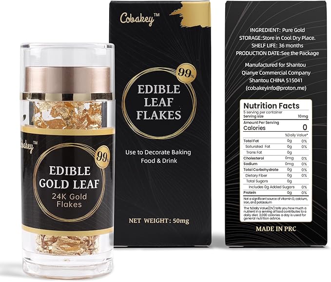 Cobakey Genuine Edible Gold Leaf Flakes - 50mg Edible Gold Flakes for Cake Decoration (Cupcake, Chocolate, Steak, Drink & Cooking), PureGold Leaf with Edible Glitter & Wooden Tweezers