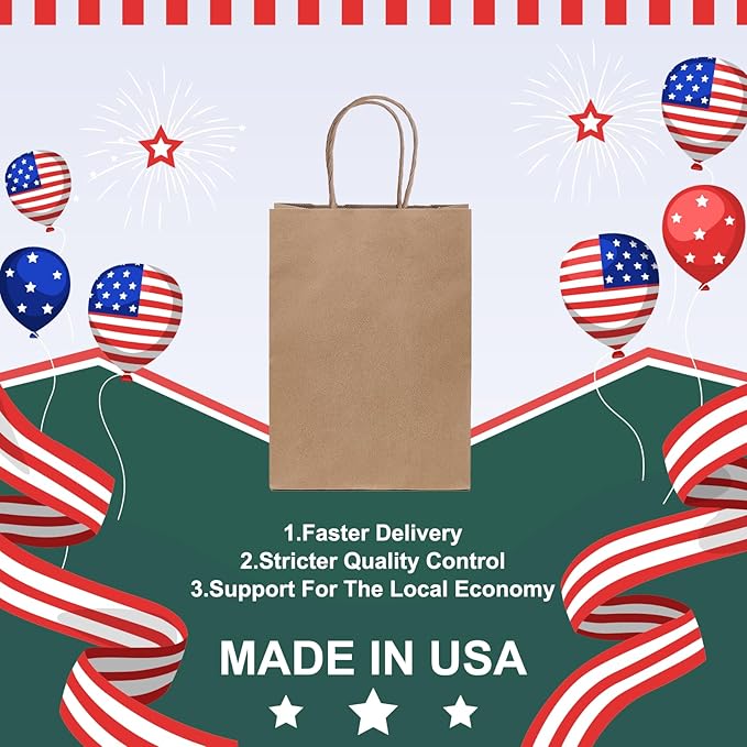 METRONIC Brown Paper Bags with Handles Bulk 5.25x3.75x8'' 100 Pcs Kraft Gift Bags for Small Business, Birthday, Wedding, Party Favors, Christmas, Retail Shopping, Made in USA