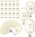 Wedding Table Numbers 1-30, 30 White Gold TableNumber Cards with 30 Gold Number Holders, 1 Set of 30 Table Numbers for Wedding Reception(Card and Holder)