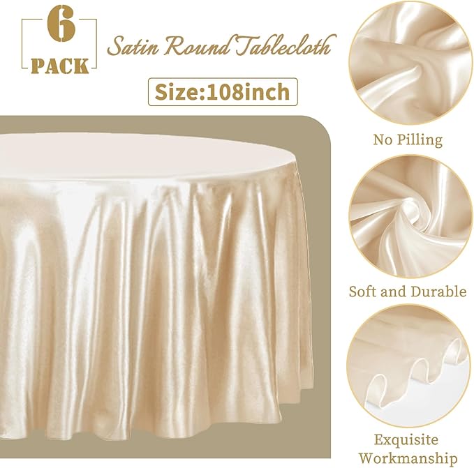 fani 6 Pack 108 Inch Champagne Round Tablecloth - Premium Silky Satin Tablecloth Overlay Smooth Fabric Table Cover Linens, Table Decoration for Wedding Party Banquet Events Restaurant Kitchen Dining