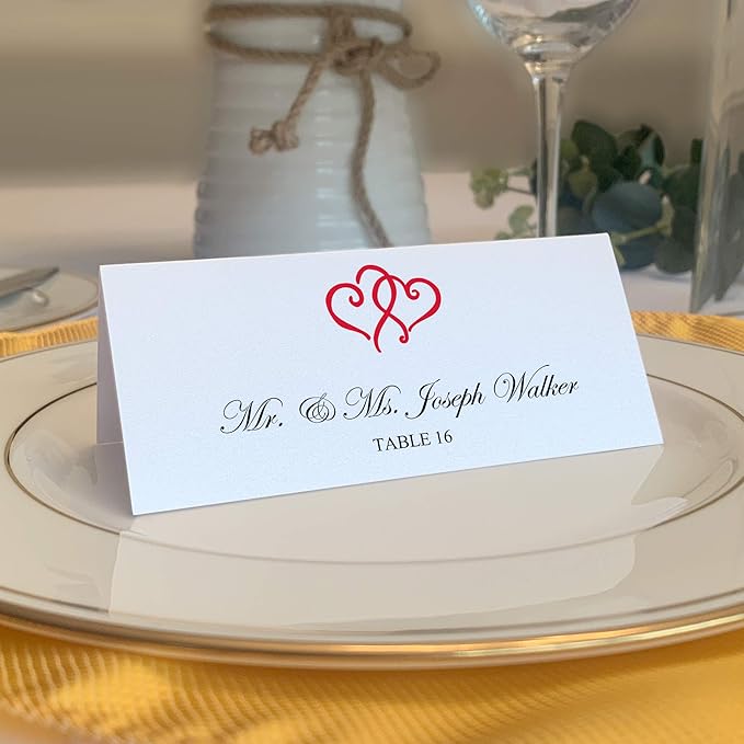 Linked Hearts Printable Place Cards, Ruby Red (Choose Color), Set of 60 (10 Sheets), Laser & Inkjet Printers - Wedding, Party, Dinner, and Special Events - Made in the USA