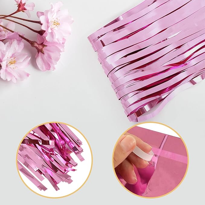 5 Pack Pink Foil Curtain Backdrop 3.2ft x 9.8ft Metallic Tinsel Foil Fringe Curtains Streamer Photo Booth Backdrop for Birthday Party Engagement Bachelorette Party Decorations (Pink)
