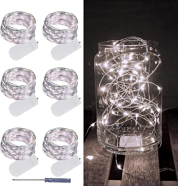 LAMPHOME 6 Pack Fairy Lights Battery Operated String Lights 6.6ft 20 Led Mason Jar Lights Waterproof Silver Wire Light Fireflies DIY Party Wedding Christmas Decoration(6 Pack,White)
