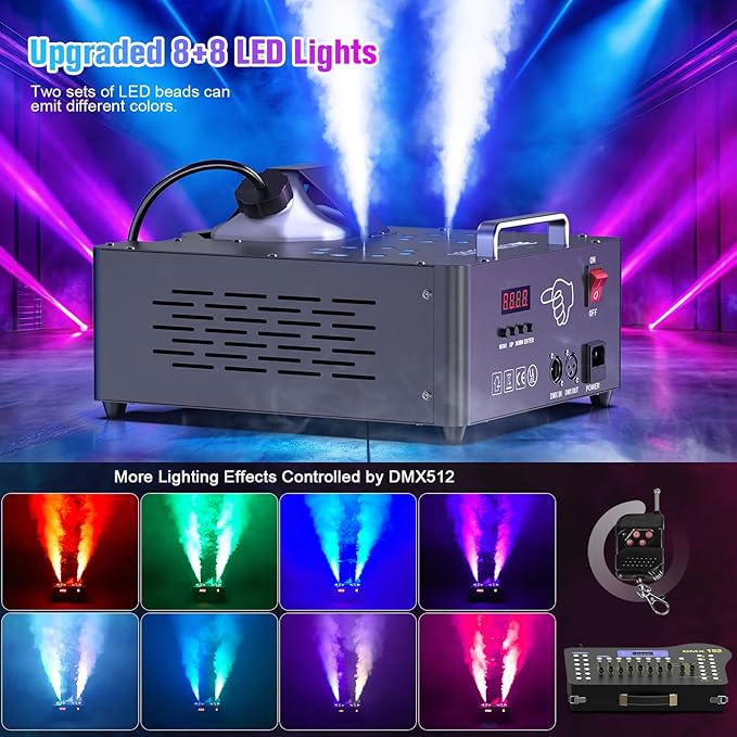 2000W Professional Fog Machine Dual Nozzle with 16 RGB LED, DMX Control Adjustable Smoke Direction, 2.5L Tank LCD Display 30000CFM for Halloween Christmas Stage DJ Party Club Events-8PC