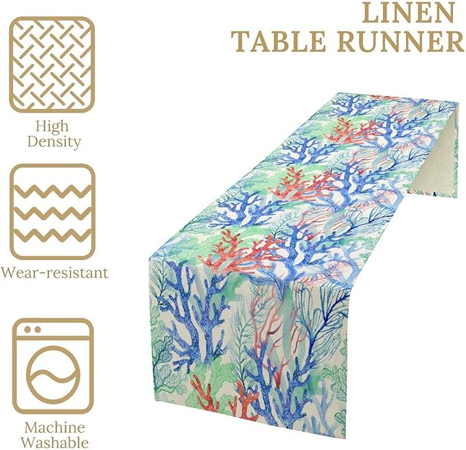 Summer Shell Starfish Table Runner, Seasonal Spring Summer Tropical Ocean Beach Indoor Party Kitchen Outdoor Table Decor 13x70 Inch