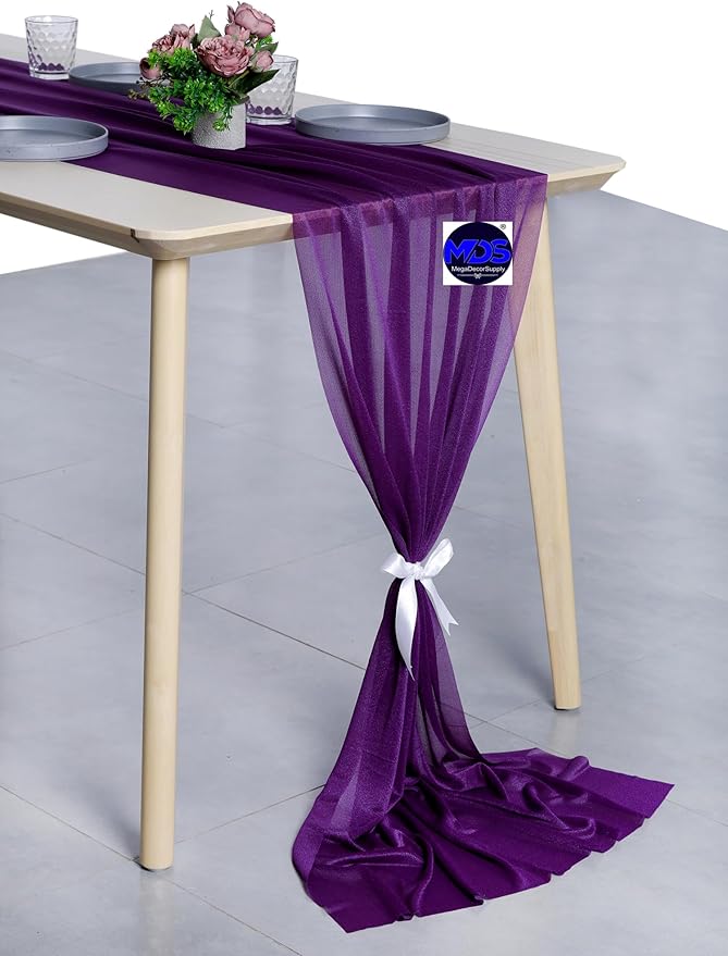MDS 10 Pack 10ft Chiffon Table Runner 29 x 120 Inches Sheer Wedding Runner Romantic Rustic Table Runner for Wedding Decorations, Birthday Parties, Bridal Shower Party Arch Decor - Cadbury Purple