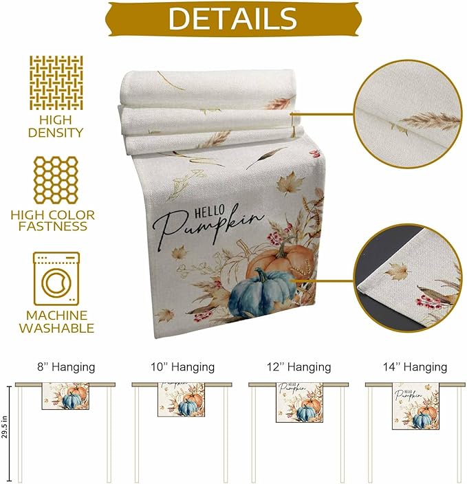 Fall Thanksgiving Cotton Linen Table Runner for Dining Kitchen, Orange Pumpkins Outdoor Party Autumn Tablerunners Decoration, Rustic Wheat Leaves Dresser Scarf Coffee Tablecloth Runners 13x48 Inches