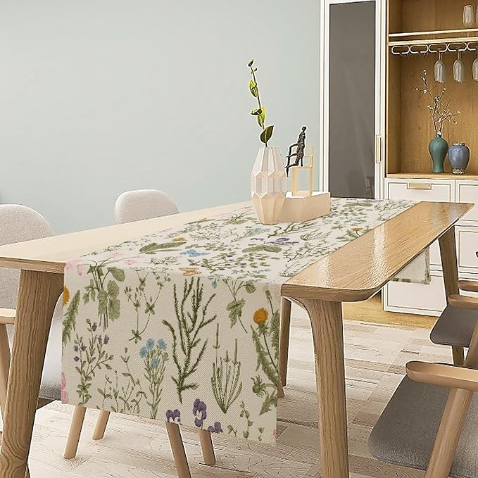 Floral Botanical Table Runner, Garden Spring Flower Botanical Butterfly Animal for Restaurant, Kitchen, Wedding, Party Rectangular Table Runner Decoration,13in（33cm） W * 108in（274cm） L