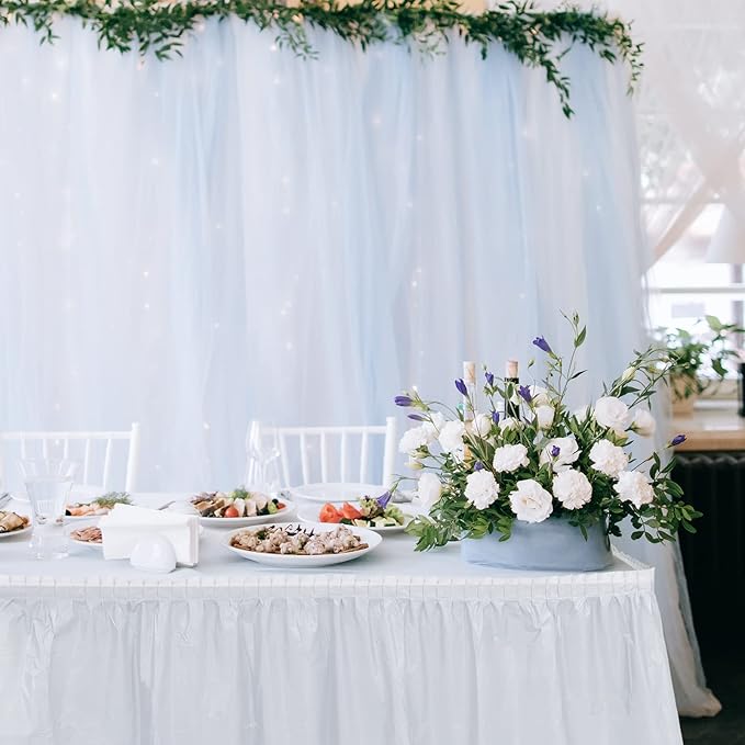 TURSTIN 4 Pieces White Plastic Table Skirts 14 Feet x 29 Inch for Rectangle Tables Fitted Tablecloth Disposable Table Cover for Birthday Party, Events, Banquette Baby Shower