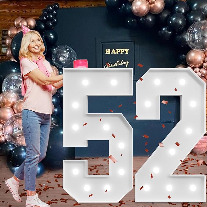 Marquee Numbers Large 52nd-Birthday Decorations: 4ft Light Up Number Party Decor 52 Year Old Women And Men 25th Birthday Decoration Backdrop Anniversary Cardboard Big Mosaic Balloon Frame Number 52
