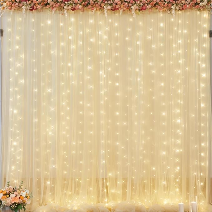 20x8ft Champagne Tulle Backdrop Curtains with Lights for Party Wedding Baby Shower, Sheer Drape Backdrop Curtains for Birthday Party Photo Booth Background Decoration