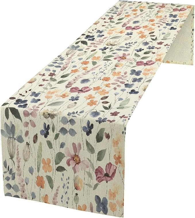 Watercolor Floral Table Runner, Vintage Colorful Floral Natural Style Pattern Decorative Home Restaurant Kitchen Rectangle Table Runner,13in（33cm） W * 36in（92cm） L
