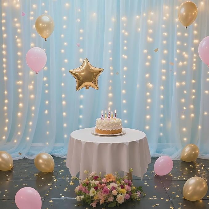Ledido 10×10ft Tulle Backdrop Curtains with Lights String - 300LED Fairy Lights Sheer Curtain Backdrop for Weddings Baby Shower and Birthday Party Decorations(2 Panels 5×10ft)