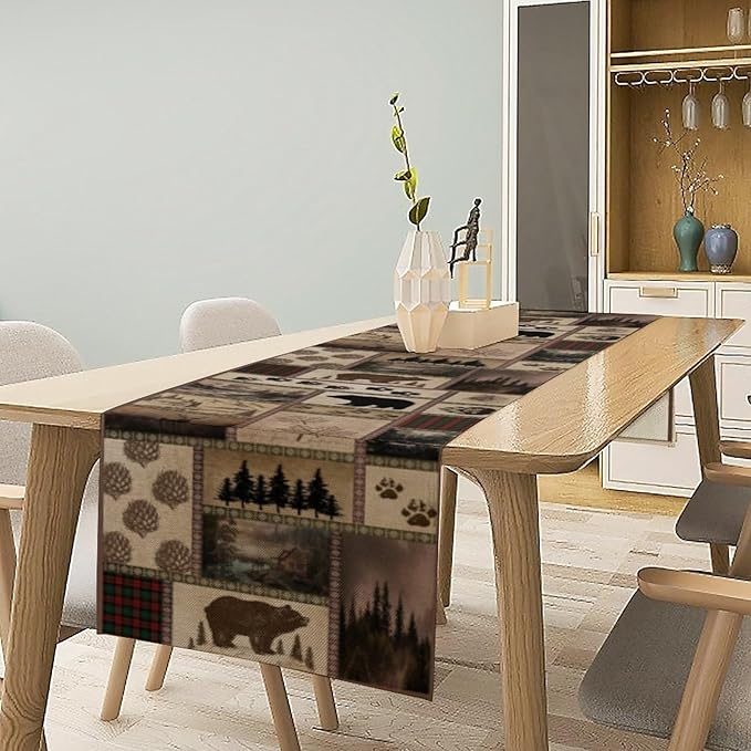 Retro Rusticd Cabin Table Runner Bear Country Farmhouse Vintage Lodge Table Runner for Party Dinner Festival Bedroom Living Room Kitchen 13x90 Inch