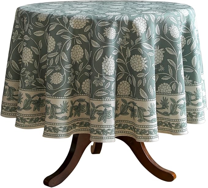 ISAENNE Designer Grayish Green Linen Small Round Tablecloth,Floral Stain Resistant Table Cloth,Fall Vintage Decor Tablecloths for Dining Thanksgiving Kitchen Party,Diameter 55"-Andrew A