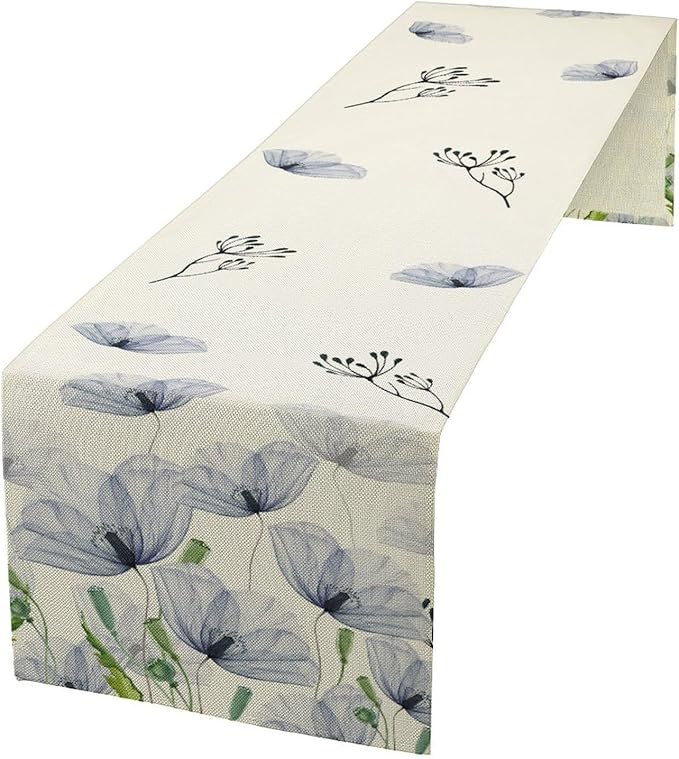 Watercolor Poppy Floral Table Runner, Abstract Seasonal Spring Summer Blue Purple Flower Kitchen Dinning Table Runner for Indoor Outdoor Home Wedding Party Holiday, 13x120 Inch