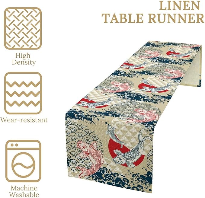 Japanese Table Runner Oriental Tradition Kio Fish Art Printed Burlap Runner Home Kitchen Dining Table Living Room Decor Fabric 1 Panel W13xL120in