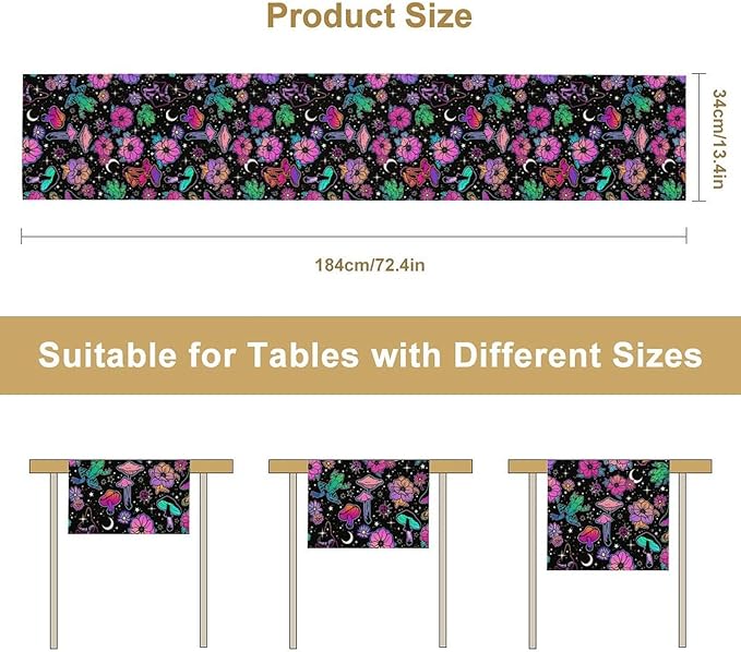 Gothic Star Moon Colorful Table Runner for Kitchen Living Room Home Party Boho Floral Table Runner 13x120 Inch