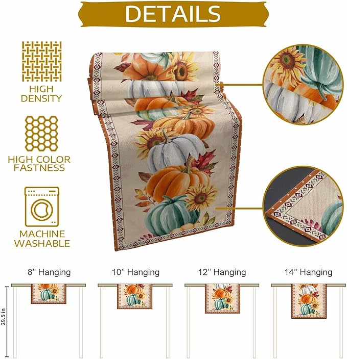 Fall Thanksgiving Southwest Cotton Linen Table Runner for Dining Kitchen, Orange Pumpkins Wedding Outdoor Party Rustic Tablerunners Decoration, Sunflower Dresser Scarf Tablecloth Runners 13x72 Inches