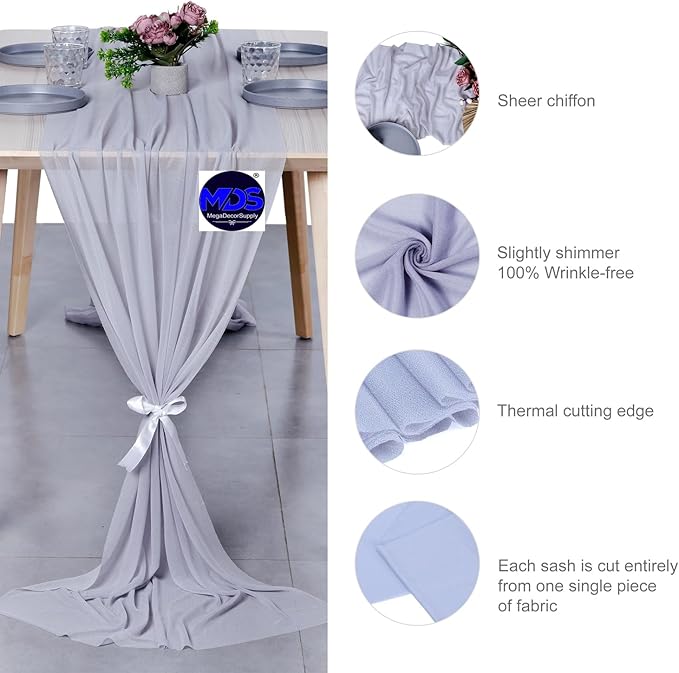 MDS 5 Pack 10ft Chiffon Table Runner 29 x 120 Inches Sheer Wedding Runner Romantic Rustic Table Runner for Wedding Decorations, Birthday Parties, Bridal Shower Party Arch Decor - Cool Gray
