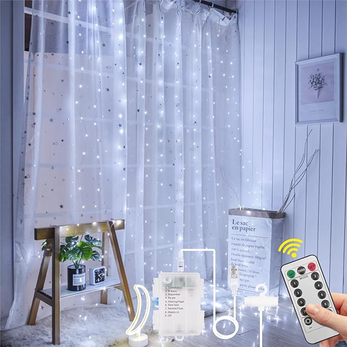 AOMIG Fairy Curtain Lights,300 LED White Window Curtain String Light,8 Modes 9.8×9.8Ft Waterproof Curtain String Light USB&Battery Powered with Remote Contro,String Lights for Indoor,Outdoor