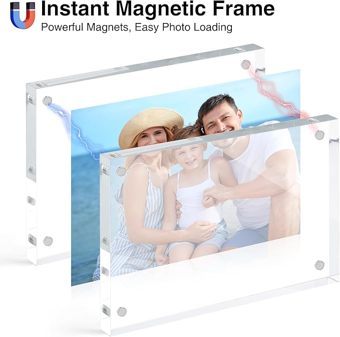 HOUSE DAY Acrylic Picture Frames 5x7, 1 Pack Magnetic 5x7 Picture Frame, Double Sided Clear 5 x 7 Photo Frame with Microfiber Cloth, Frameless FreeStanding 5x7 Frame Gift for Desktop Display