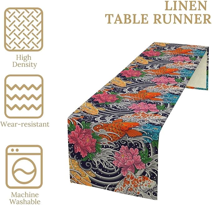 Japanese Retro Flowers Table Runner Oriental Tradition Kio Fish Art Printed Burlap Runner Home Kitchen Dining Table Living Room Decor Fabric 1 Panel W13xL120in