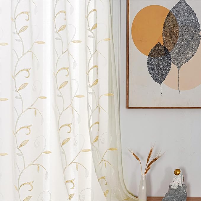 VISIONTEX White Sheer Voile Curtains, Decorative Beige Leaves Embroidery Faux Linen Rod Pocket Window Drapes for Home Kitchen, Living Room and Bedroom 54 x 84 Inch, Set of 2 Curtain Panels
