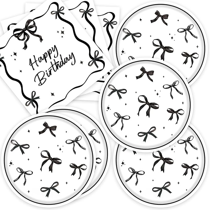 40pcs Black Bow Birthday Decorations Sophisticated Coquette Birthday Supplies,Black Bow Plates and Napkins,Suitable for 20 Guests