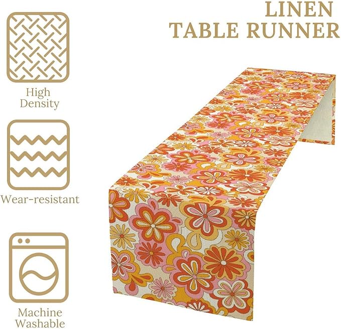 Vintage Floral Table Runner,70s Style Retro Daisies Flower Hippie Table Runner for Kitchen Dining Table Home Party Decoration 13x90 Inch