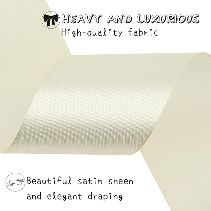 Rice White Solid Satin Ribbon 2 Inch 25 Yards Solid Polyester Fabric Ribbon for Gift Wrapping Wedding Christmas Baby Shower Birthday Party Decoration Handmade Immortal Flower Craft