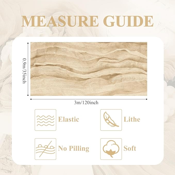 Asee'm 12pcs Cheesecloth Table Runner 120 Inches Long Sand Boho Gauze Cheese Cloth Runner 10FT Rustic Sheer Table Runners for Christmas Wedding Party Baby Shower Spring Easter Decoration