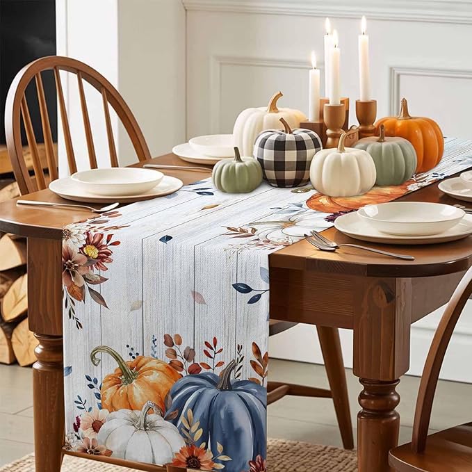 Thanksgiving Fall Cotton Linen Table Runner for Dining Kitchen, Pumpkins Eucalyptus Wedding Outdoor Party Tablerunners Decoration Farmhouse Wooden Dresser Scarf Coffee Tablecloth Runners 13x120 Inches
