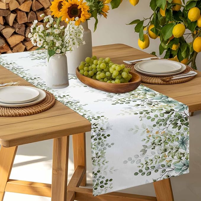 Sage Green Eucalyptus Cotton Linen Table Runner for Dining Kitchen, Farmhouse Leaves Wedding Outdoor Party Tablerunners Decoration Botanical Floral Dresser Scarf Coffee Tablecloth Runners 13x36 Inches