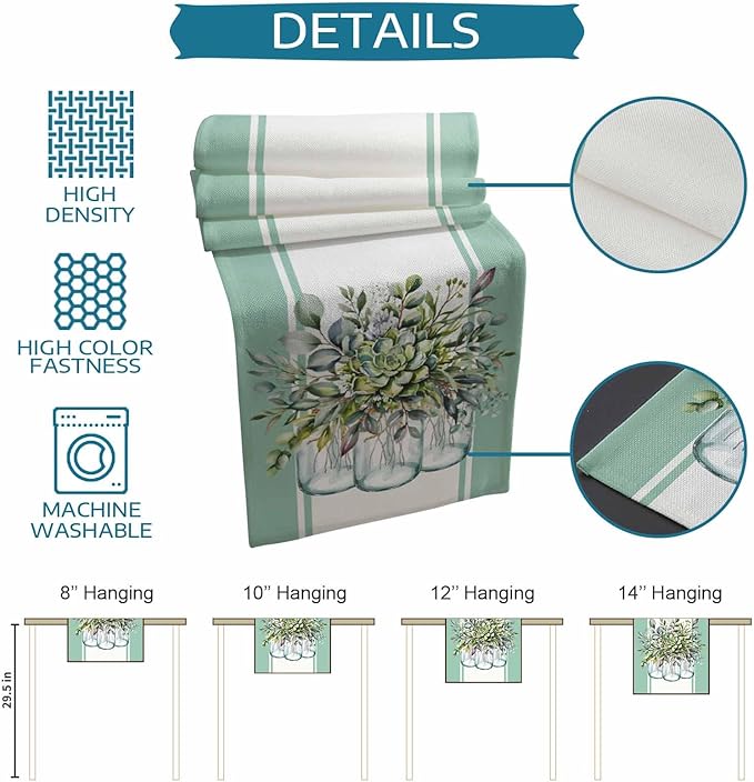 Eucalyptus Cotton Linen Table Runner for Dining Kitchen, Wedding Outdoor Party Tablerunners Decoration, Green Leaves Botanical Plants Watercolor Dresser Scarf Coffee Tablecloth Runners 13x120 Inches