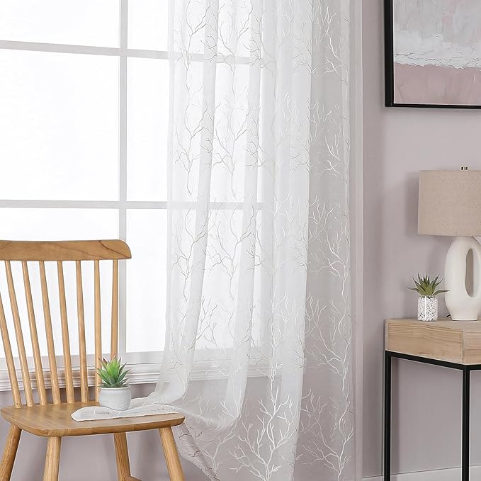VISIONTEX Sheer Curtains 63 inch Length 2 Panels Set, Decorative Beige Coral Embroidery, Rod Pocket Embroidered Window Drapes for Living Room and Bedroom, 54" x 63"