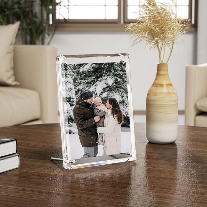 NIUBEE 5x7 Acrylic Picture Frames, Clear Photo Frame for Living Room, Diamond Edge Design, Portrait and Landscape Magnetic Family Thick Desktop Frame