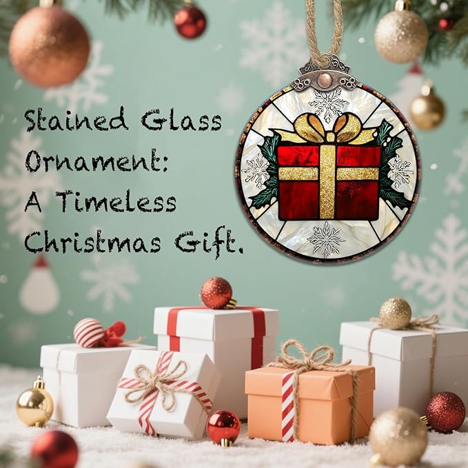 Stained Glass Christmas Decorations, Gold Ribbon Suncatcher for Window Christmas Tree Hanging Ornaments Retro White Snowflake Sun Catcher Xmas Decor Gifts for Women Men Mom Nana Friend