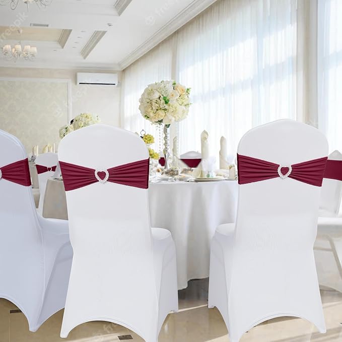 Howhic Pack of 120 Spandex Chair Sashes Bows Stretch Chair Cover Band with Buckle Slider Universal Elastic Chair Ties for Wedding Banquet Party Event Decoration (Burgundy)