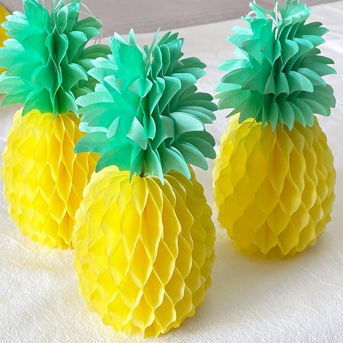 12inch Paper Pineapple Honeycomb Decorations 8pcs Tissue Party Pineapple Centerpieces Hanging Pineapple for Table Decor for Summer Tropical Hawaiian Beach Decor