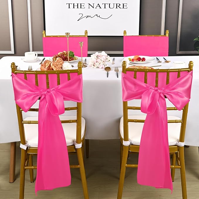 60 PCS Hot Pink Satin Chair Sashes Bows Universal Chair Cover for Wedding Reception Restaurant Event Decoration Banquet,Party,Hotel Event Decorations (7 x 108 inch)