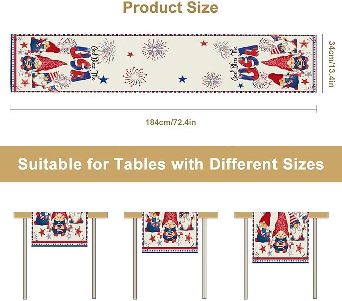 Cute Patriotic Gnomes Table Runner, American Independence Day 4th of July Gnome Blue Red Fireworks Confetti Print Table Runner for Home Kitchen Dining Table Party Decor, 13x90inch