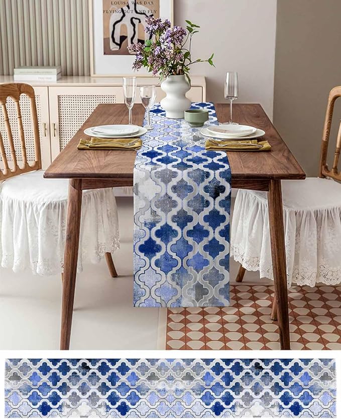 Blue Morocco Plaid Cotton Linen Table Runner for Dining Kitchen, Wedding Outdoor Party Tablerunners Decoration, Distressed Abstract Painted Vintage Dresser Scarf Coffee Tablecloth Runners 13''x108''