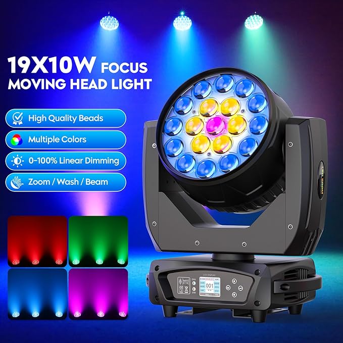 19x10W Moving Head Light Focusing/Beam/Wash/Zoom Effect Stage Lights 4-in-1 LED DMX512 & Sound Activated Control for DJ Disco Nightclub KTV Bar Theater Shopping Mall (4 PCS