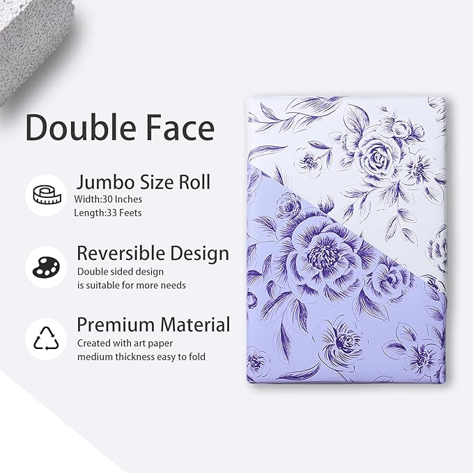 WRAPAHOLIC Jumbo Reversible Floral Wrapping Paper Roll - 30 Inch x 33 Feet - Purple Flower Wrapping Paper for Wedding, Bridal Shower, Mother's Day, Birthday, Baby Shower