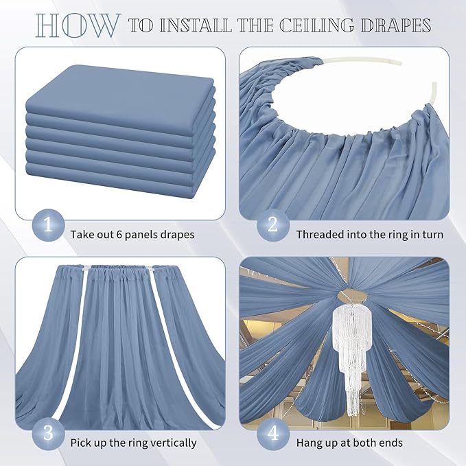 6 Panels Dusty Blue Ceiling Drapes for Wedding 5ftx30ft Chiffon Fabric Arch Draping Curtains Sheer Drapery for Party Ceremony Birthday Baby Shower Reception Stage Swag Ceiling Decorations