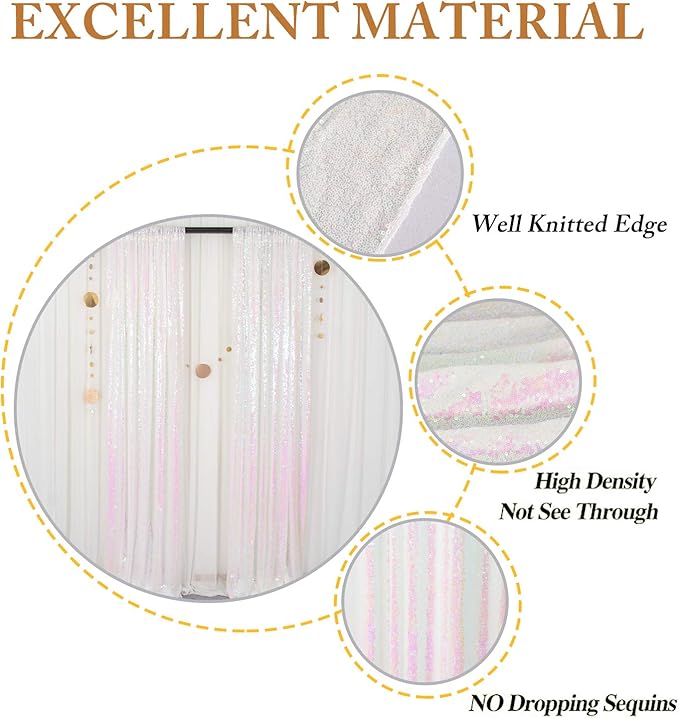 ShinyBeauty 8 Panels Iridescent White Sequin Backdrop | 2Ft x 8Ft Sparkly Photo Booth Background | Glitter Curtains for Baby Showers & Events | Durable & Elegant Shimmer Backdrop